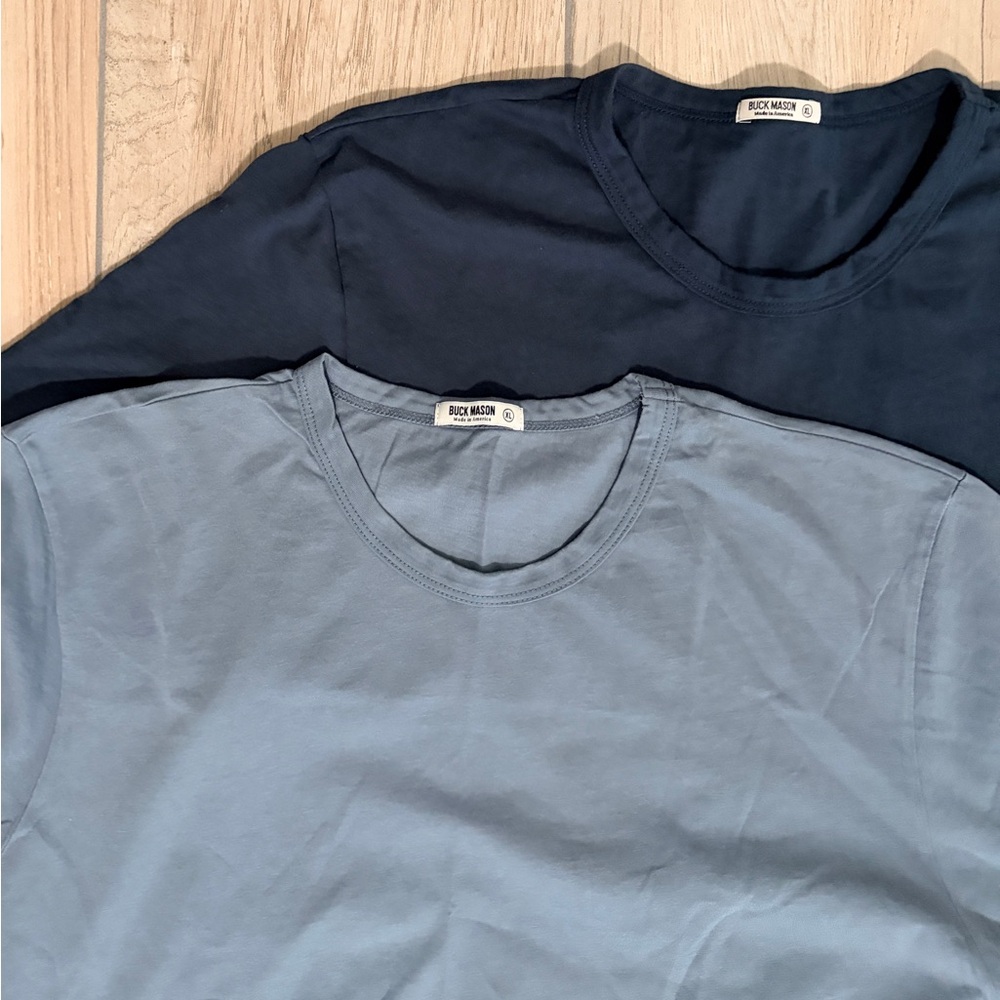 Buck Mason Lot of 2 X Large Pima Cotton Curved Hem Crewneck Tees. Navy, Baltic.